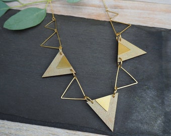 Geometric statement triangle necklace - laser cut wood and brass necklace