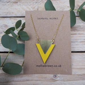 Geometric triangle necklace - laser cut wood and brass necklace