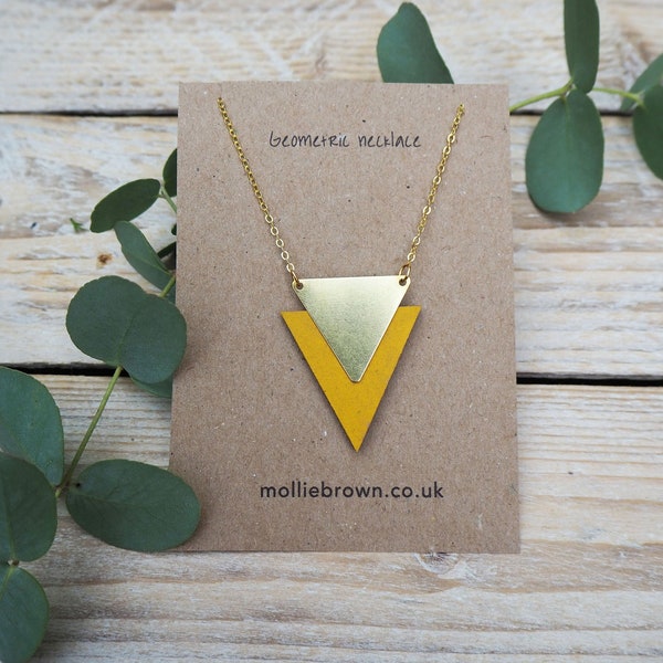 Handcrafted geometric triangle necklace - laser cut necklace in wood and brass