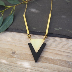Laser cut geometric triangle necklace - Art Deco necklace - wood and brass necklace