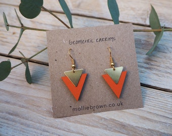 Geo dangle earrings - laser cut earrings - wood and brass earrings - geometric drop earrings - triangle earrings