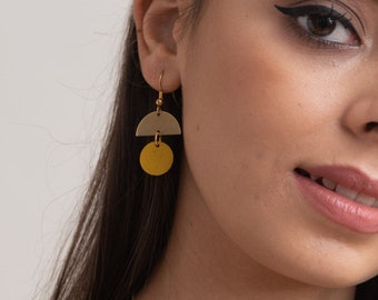 Geometric dangle earrings - circle dangle earrings - wooden earrings - yellow  earrings