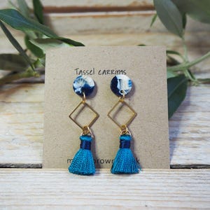 tassel stud earrings - Art Deco tassel drop earrings - Teal and gold statement tassel earrings