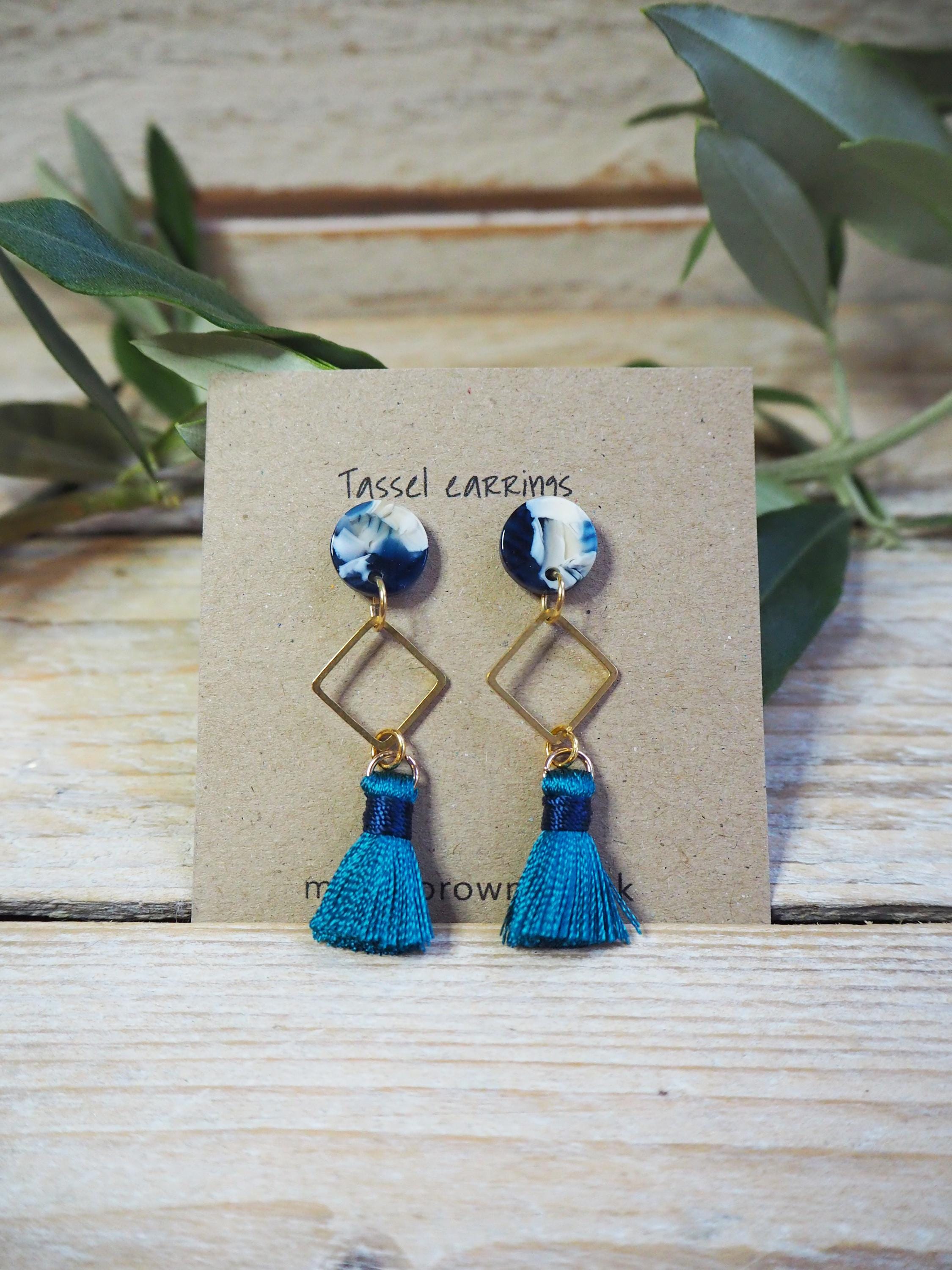 Tassel Stud Earrings - Art Deco Tassel Drop Earrings - Teal  Elegant Teal Tassel Earrings with Gold Details main image 2