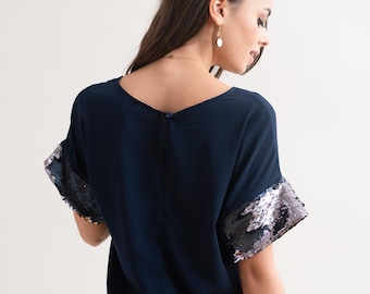 Handgemachtes Pailletten Ärmeltop in Navy - Eleganter Gelegenheits Top