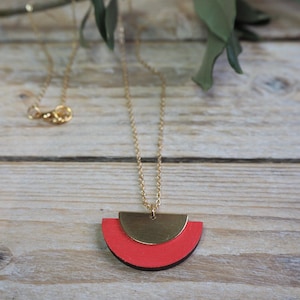 Modern Geometric pendant necklace in wood and brass-colourful half moon pendant necklace- handmade necklace-gift idea