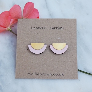 Geometric semi circle stud earrings / Half moon stud earrings in wood and brass