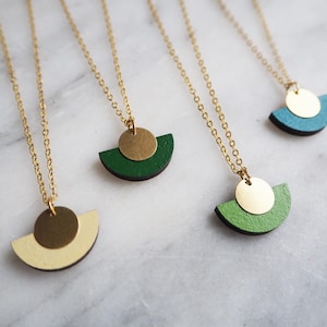 Half moon modern geometric pendant necklace in wood and brass