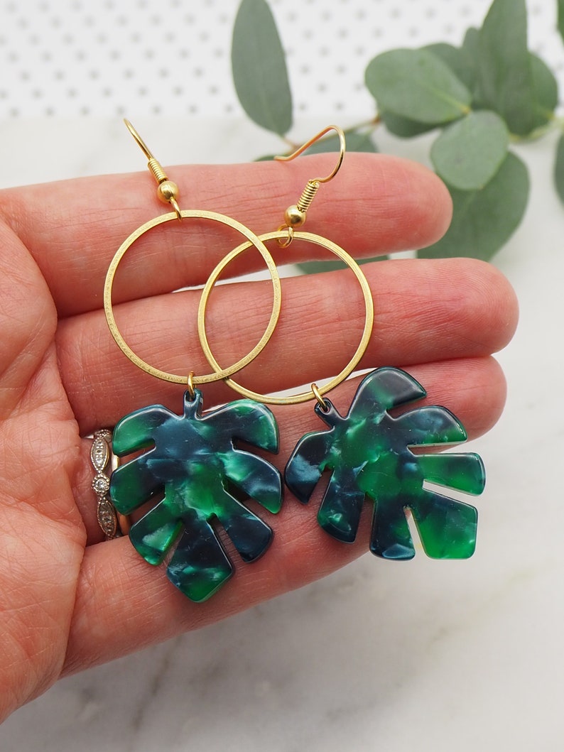 Tropical leaf hoop earrings monstera leaf dangle earrings laser cut earrings image 5