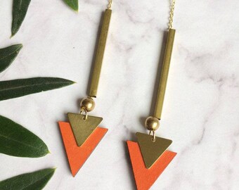 Triangle/earrings/orange/geometric earrings/triangle jewellery/geometric jewellery/laser cut/wood/brass/gift ideas/gift for her