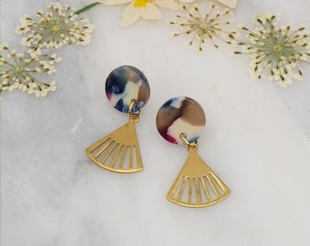 Minimalist fan stud earrings - handmade unique brass and acetate stud earrings -handmade dangle earrings