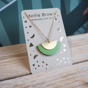 Half moon geometric pendant necklace in wood and brass- laser cut semi circle pendant necklace in wood and brass- handmade necklace