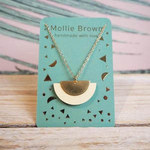 Half moon geometric pendant necklace in wood and brass- laser cut semi circle pendant necklace in wood and brass- handmade necklace