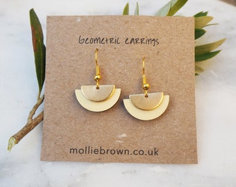 Handmade half moon dangle earrings - semi circle dangle earrings in wood and brass