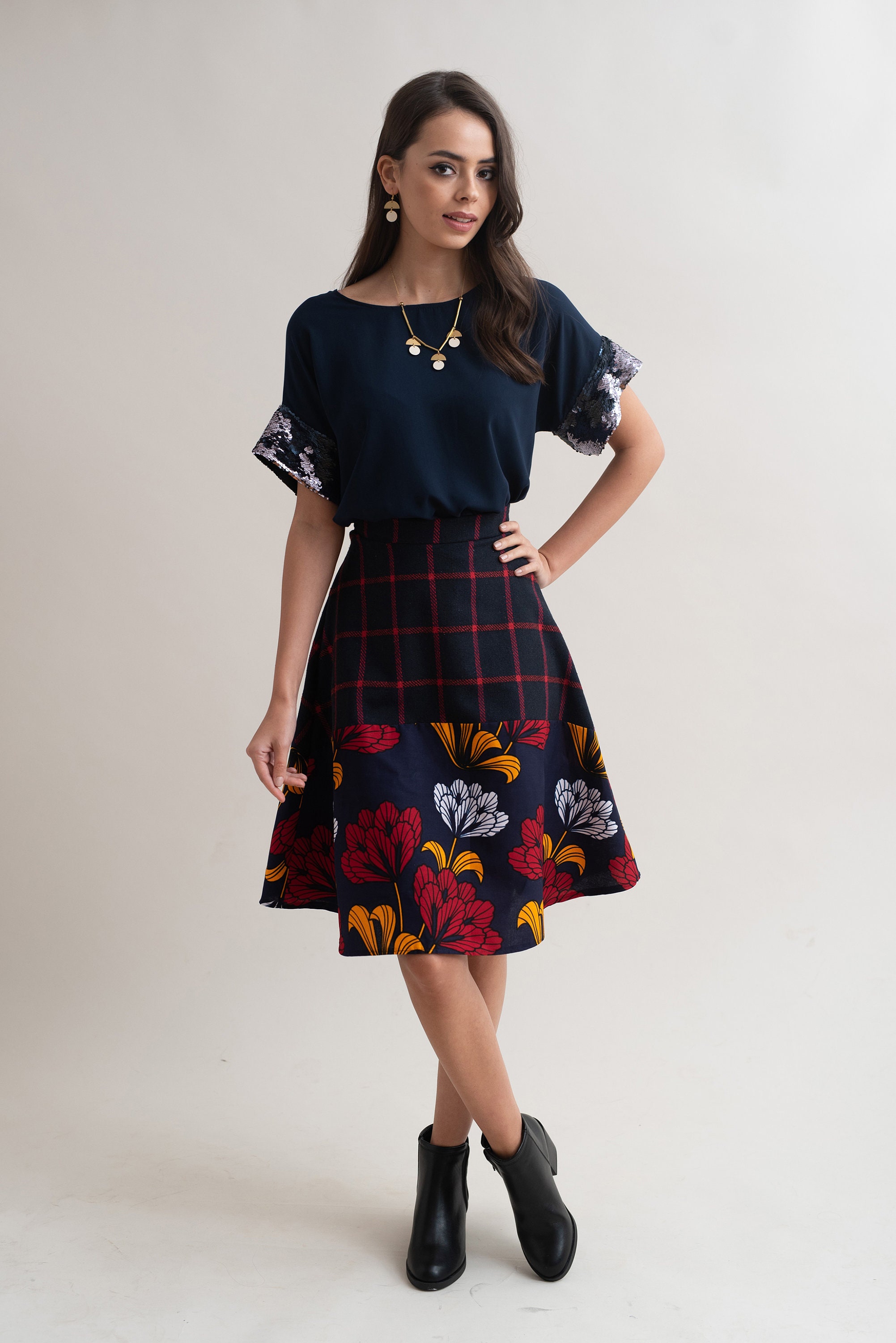 Image of Wool & African Print Midi Skirt - Navy Wool Check Floral
