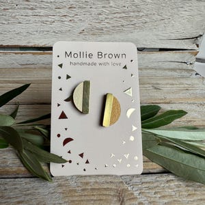 Duo colour stud earrings - half moon colourful earrings - wood and brass stud earrings