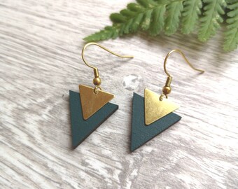 Beautiful and unique geometric triangle earrings - handmade triangle drop earrings  -  laser cut jewellery - wood and brass