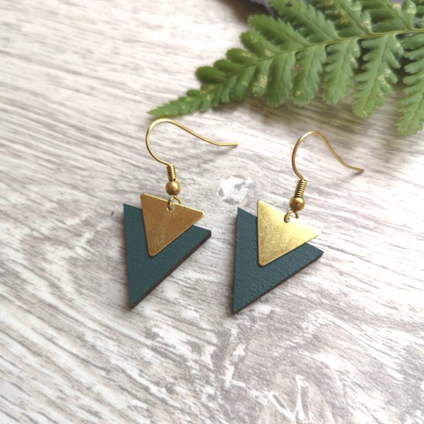 Beautiful and unique geometric triangle earrings - handmade triangle drop earrings  -  laser cut jewellery - wood and brass