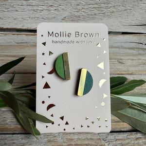 Duo colour stud earrings - half moon colourful earrings - wood and brass stud earrings