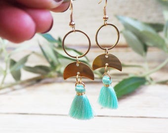 Tassel dangle earrings - Art Deco tassel earrings - Geometric tassel earrings in gold and turquoise