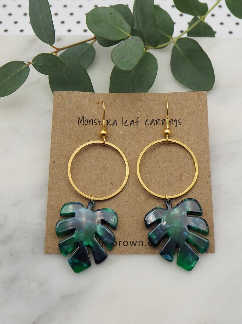 Tropical leaf hoop earrings monstera leaf dangle earrings laser cut earrings image 4