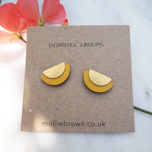Geometric semi circle stud earrings / Half moon stud earrings in wood and brass