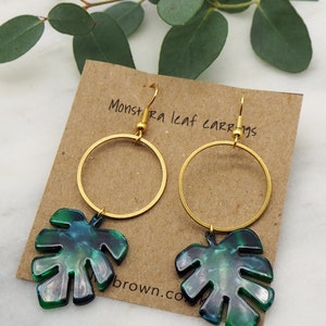 Tropical leaf hoop earrings monstera leaf dangle earrings laser cut earrings image 3