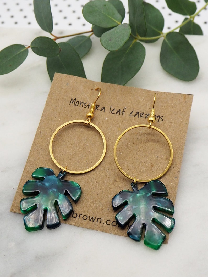 Tropical leaf hoop earrings monstera leaf dangle earrings laser cut earrings image 3