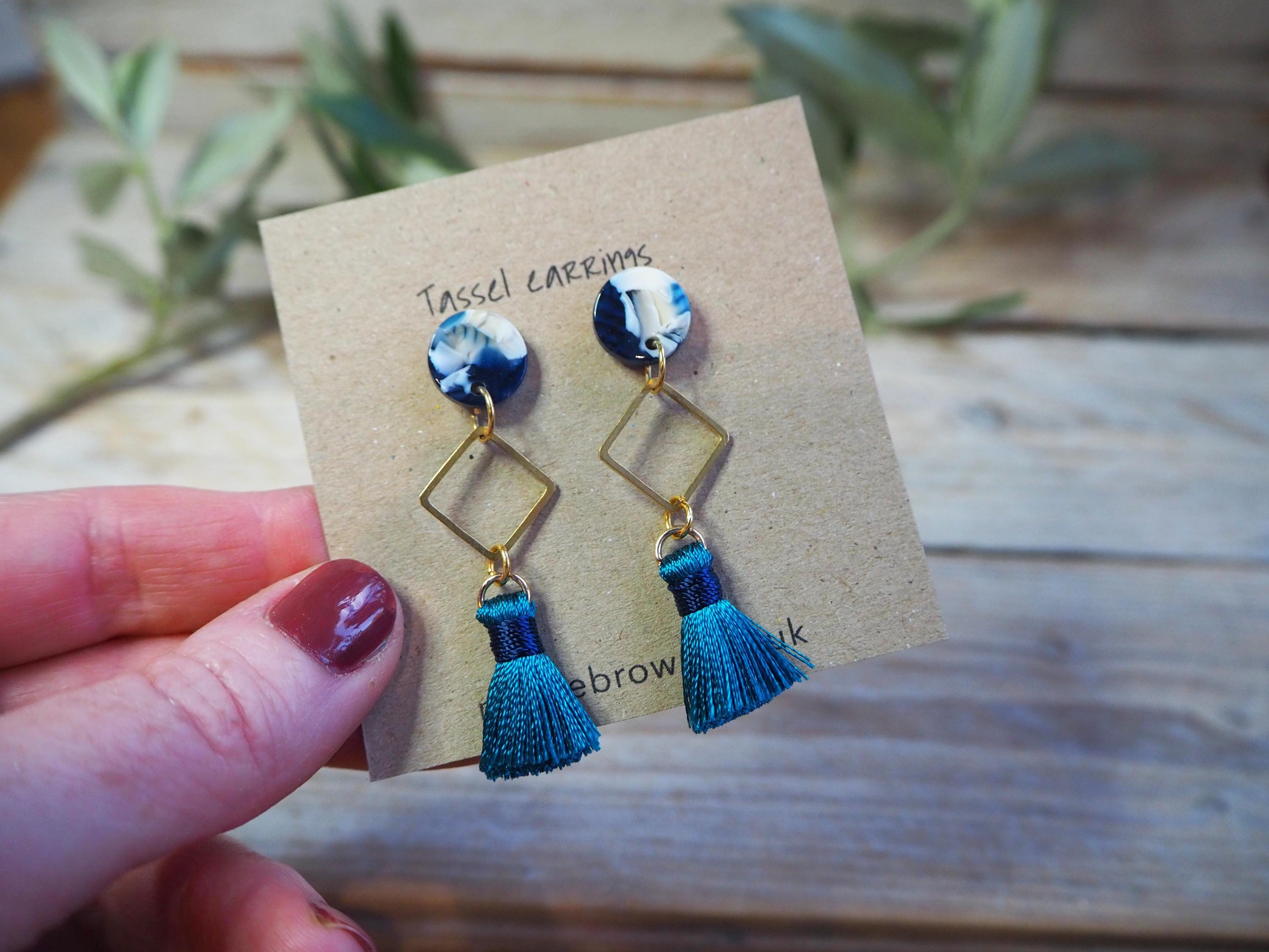 Tassel Stud Earrings - Art Deco Tassel Drop Earrings - Teal  Elegant Teal Tassel Earrings with Gold Details main image 0