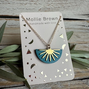 Sunshine colourful pendant necklace - Modern Geometric pendant necklace in wood and brass-colourful half moon pendant