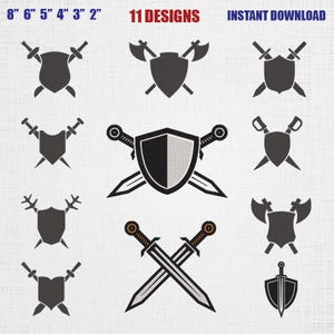 Può includere: Una collezione digitale di 11 disegni per ricamo con vari motivi di scudi, spade e asce. Il testo 8" 6" 5" 4" 3" 2", 11 DESIGNS e INSTANT DOWNLOAD è visibile. Le icone sono in grigio scuro e nero su uno sfondo chiaro.