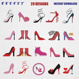 May include: A digital collection of 20 shoe designs featuring various styles of high heels, boots, and pumps in shades of pink, red, and black. The graphic includes text stating 8" 6" 5" 4" 3" 2", 20 DESIGNS, and INSTANT DOWNLOAD.