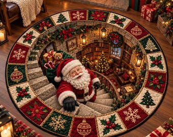 Christmas Santa 3D Illusion Round Rug, Spiral Staircase Library Area Rug, Holiday Living Room Decor, Non Slip Festive Floor Mat