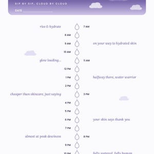 Könnte beinhalten: Ein violett-weißes Wassertracker-Blatt mit einer wolkenförmigen Kopfzeile mit dem Text Water Tracker, Sip by Sip, Cloud by Cloud und Date. Eine vertikale Zeitleiste listet 7 bis 22 Uhr mit Wassertropfen-Symbolen und Motivationssprüchen.