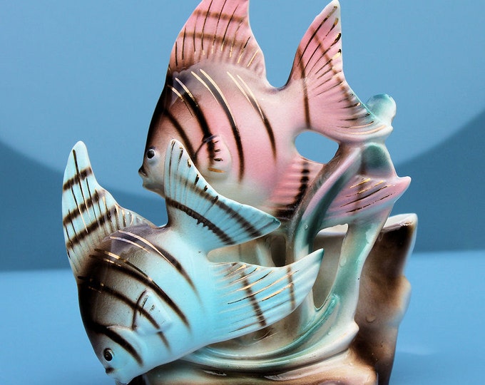 Vintage Ceramic Angel Fish Planter in Pink Blue and Gold Etsy