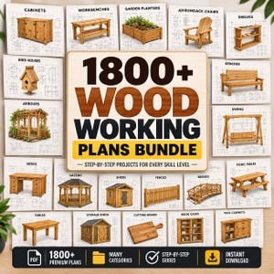 Puede incluir: Una colección digital de más de 1800 planos de carpintería con guías paso a paso para proyectos que incluyen armarios, bancos de trabajo, jardineras, sillas adirondack, estantes, casas para pájaros, cenadores, bancos, columpios, escritorios y cobertizos.