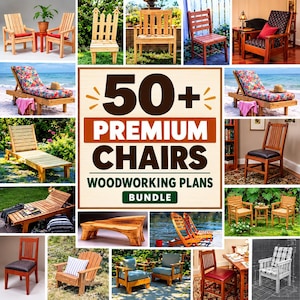 May include: A collection of various wooden chair designs including lounge chairs, dining chairs, and benches, featuring the text 50+ PREMIUM CHAIRS WOODWORKING PLANS BUNDLE, showcasing diverse styles, natural wood finishes, and upholstered cushions.