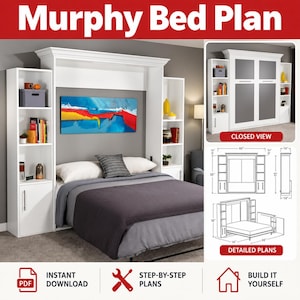 May include: A Murphy Bed Plan document featuring a white wall-mounted bed unit with side shelving, a dark gray bedspread, and a colorful abstract painting. Includes a closed view, technical line drawings with imperial measurements, and text.