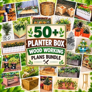 May include: A digital collage of various wooden planter box designs featuring a central sign that reads 50+ PLANTER BOX WOOD WORKING PLANS BUNDLE with an icon of a hammer and saw. The images display diverse styles of wooden containers for plants.