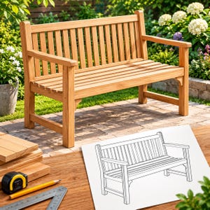Puede incluir: Un banco de jardín de madera marrón claro con respaldo y asiento de listones, con patas y reposabrazos cuadrados. Junto al banco, un papel blanco muestra un dibujo lineal negro del mismo banco, acompañado de un lápiz amarillo y una cinta métrica.