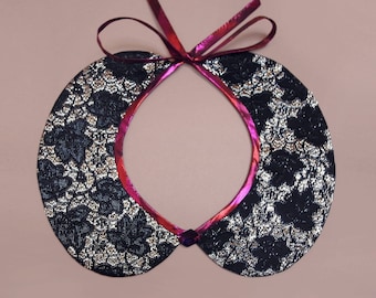 Handmade black silver Peter Pan collar, necklace with a Swarovsky crystal