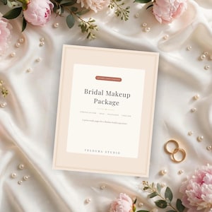May include: A rectangular document with a beige border and white centre featuring the text Bridal Makeup Package, Consultation, Trial, Packages, Timeline, 6 print-ready pages for a flawless bridal experience, and Veloura Studio.