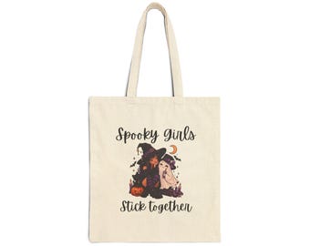 Spooky Girls Stick Together Tote Bag | Halloween Witch Pumpkin Illustration