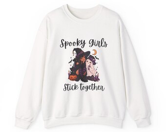 Spooky Girls Stick Together Sweatshirt | Halloween Witch Pumpkin Moon