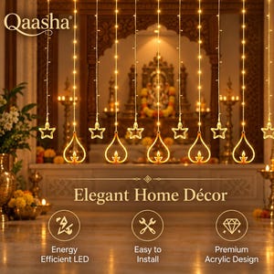 May include: A string of warm white LED curtain lights featuring alternating star and teardrop-shaped pendants. The text Qaasha, Elegant Home Décor, Energy Efficient LED, Easy to Install, and Premium Acrylic Design are printed on the image.