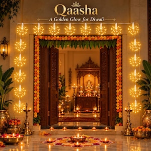May include: A doorway decorated with orange and yellow marigold garlands and strings of warm white firework-style LED lights. The text Qaasha A Golden Glow for Diwali is displayed above. Brass oil lamps and floral rangoli are on the floor.