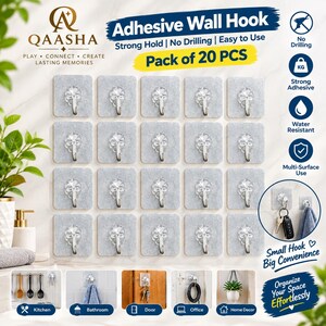 Puede incluir: Un paquete de 20 ganchos adhesivos de pared con base cuadrada transparente y gancho de metal plateado. El empaque muestra el texto Adhesive Wall Hook, Pack of 20 PCS, y destaca características como sin taladrar y resistencia al agua.