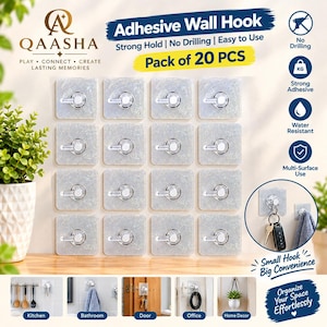 Peut inclure: Un lot de 20 crochets muraux adhésifs transparents avec des crochets en métal argenté sur des plaques carrées. L'emballage porte le texte Adhesive Wall Hook, Pack of 20 PCS, ainsi que des icônes indiquant sans perçage et résistance à l'eau.