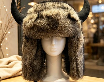Bull Horn Faux Fur Trapper Hat, Winter Thick Fluffy Earflap Hat, Unisex Windproof Warm Hat, Novelty Halloween Cosplay Buffalo Hat