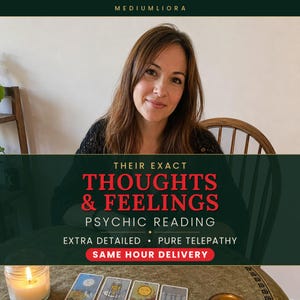 May include: A person with long brown hair sits behind a table with tarot cards and a lit candle. Text overlay reads: MEDIUM LIORA, THEIR EXACT THOUGHTS & FEELINGS PSYCHIC READING, EXTRA DETAILED, PURE TELEPATHY, SAME HOUR DELIVERY.